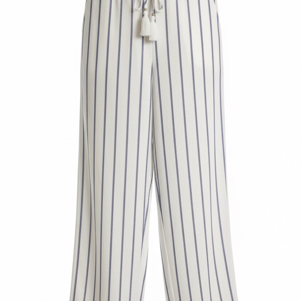 Ellen Tracy White Wide-Leg Striped Pants with Blue Pinstripes